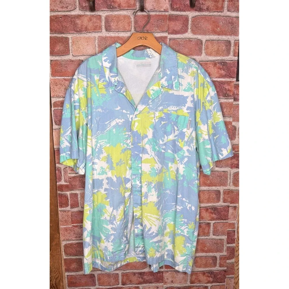 Columbia Mens PFG Fishing Shirt Blue Green Tropical Palm Tree Print Short Sleeve